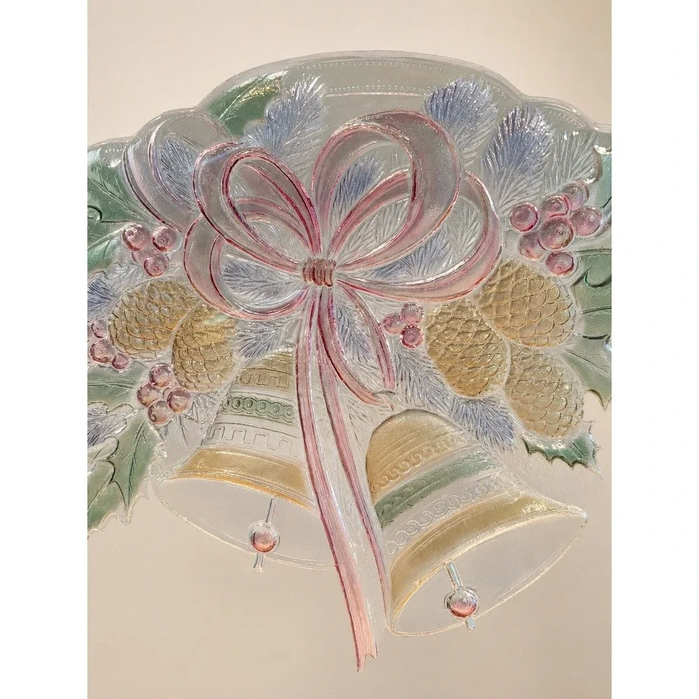 Mikasa Festive Bells Christmas Frosted Glass Serving Platter VTG 14.75 Inch